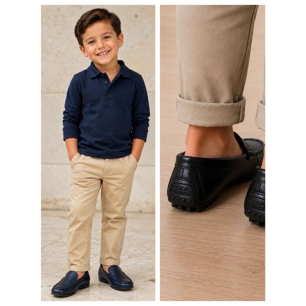 NWOT Geox Respira Kids Black Leather Slip-On Loafers Driving Shoes Size 30 EU